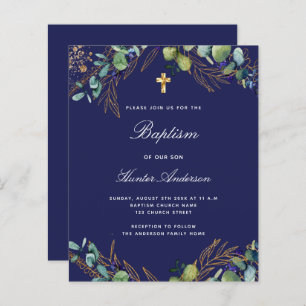 Budget baptism navy blue eucalyptus invitation