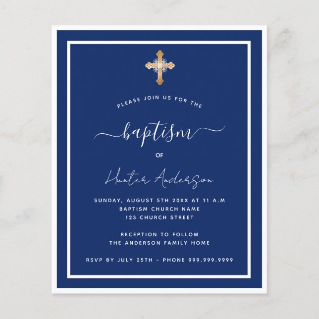 Budget baptism navy blue white adult invitation (Front)