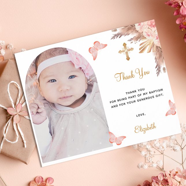 Budget baptism pampas arch photo blush thank you (Creator Uploaded)