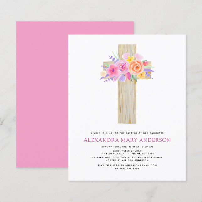 Budget Baptism Pastel Floral Pink Rose Cross (Front/Back)