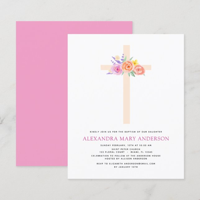 Budget Baptism Pastel Floral Pink Rose Cross (Front/Back)
