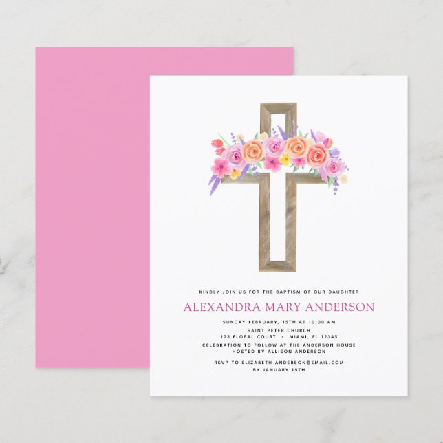 Budget Baptism Pastel Floral Pink Rose Cross (Front/Back)