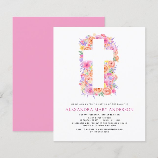 Budget Baptism Pastel Floral Pink Rose Cross (Front/Back)