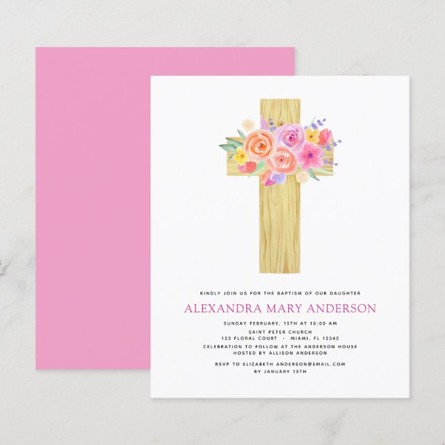 Budget Baptism Pastel Floral Pink Rose Cross (Front/Back)
