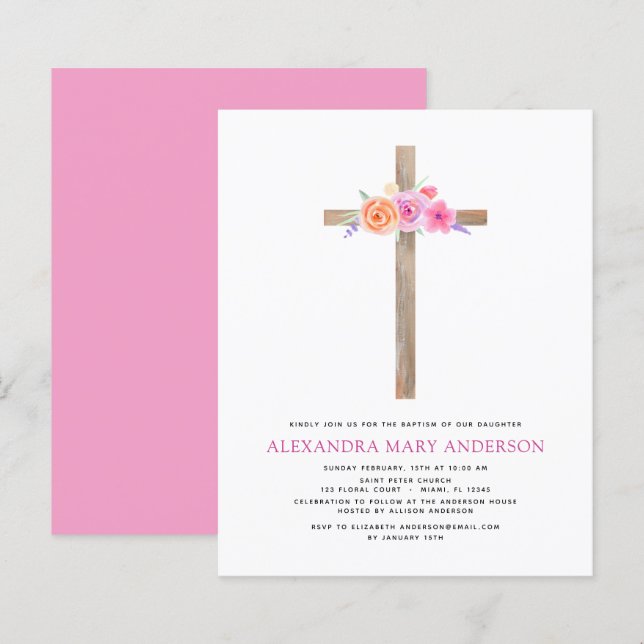 Budget Baptism Pastel Floral Pink Rose Cross (Front/Back)