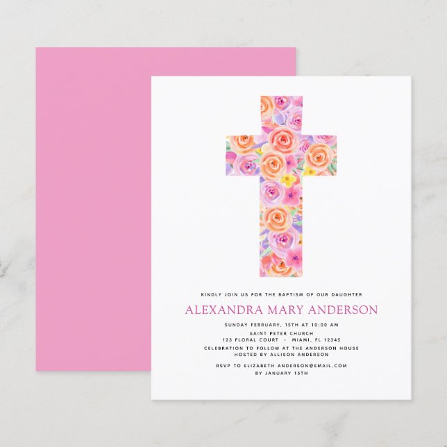 Budget Baptism Pastel Floral Pink Rose Cross (Front/Back)
