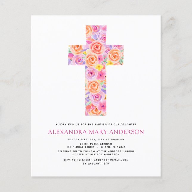 Budget Baptism Pastel Floral Pink Rose Cross Flyer (Front)