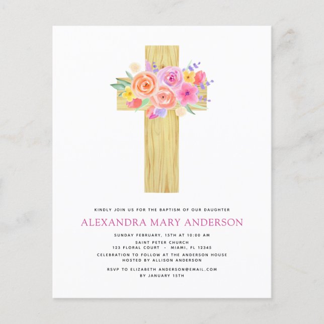 Budget Baptism Pastel Floral Pink Rose Cross Flyer (Front)