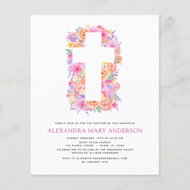 Budget Baptism Pastel Floral Pink Rose Cross Flyer (Front)