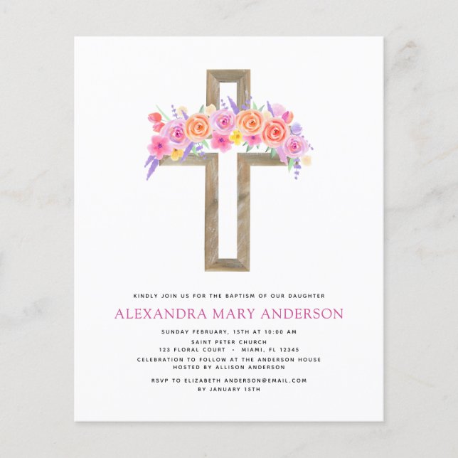 Budget Baptism Pastel Floral Pink Rose Cross Flyer (Front)