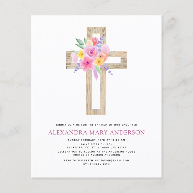Budget Baptism Pastel Floral Pink Rose Cross Flyer (Front)