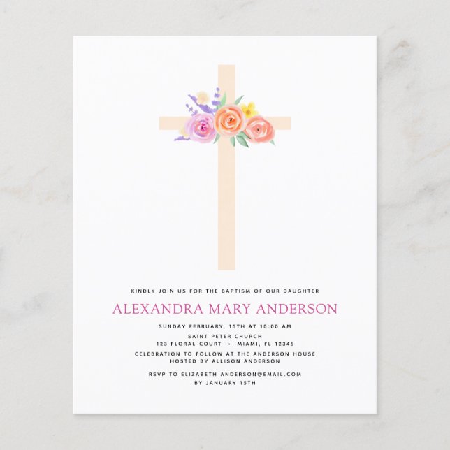 Budget Baptism Pastel Floral Pink Rose Cross Flyer (Front)