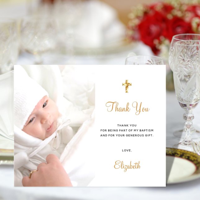 Budget baptism photo white gold thank you card (Creator Uploaded)