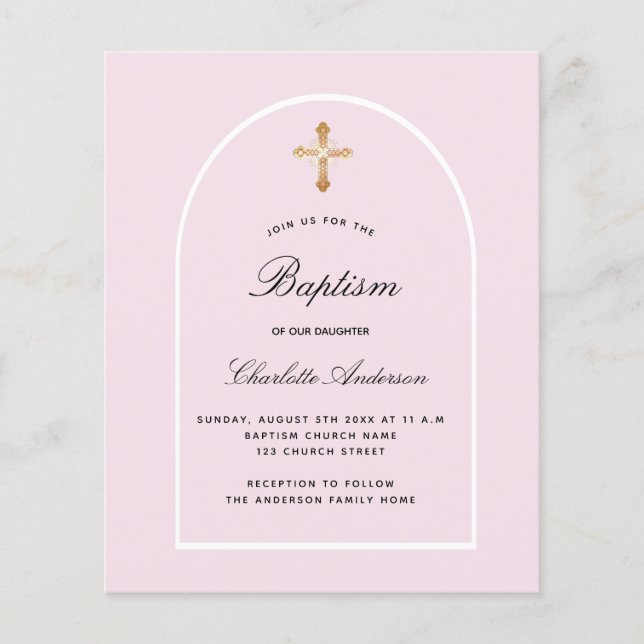 Budget baptism pink baby girl arch invitation (Front)