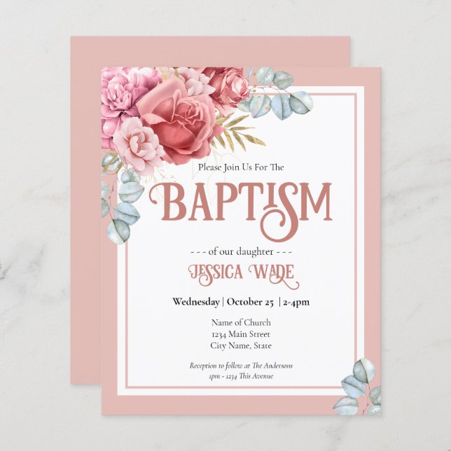 Budget Baptism Pink Floral Invitations (Front/Back)