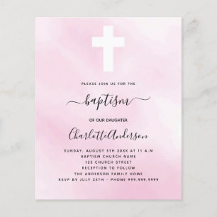 Budget baptism pink sky girl cross invitation