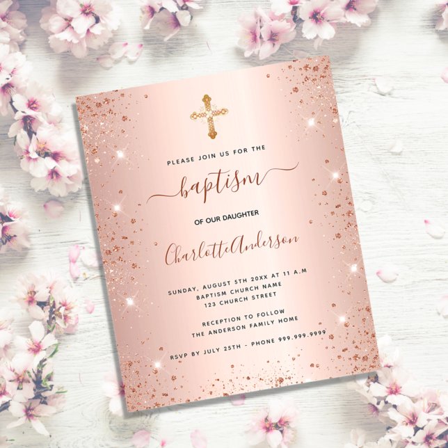 Budget baptism rose gold glitter dust invitation (Creator Uploaded)