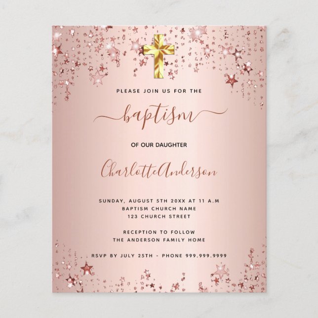 Budget baptism rose gold stars girl invitation (Front)