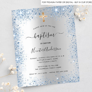 Budget baptism silver blue boy glitter invitation