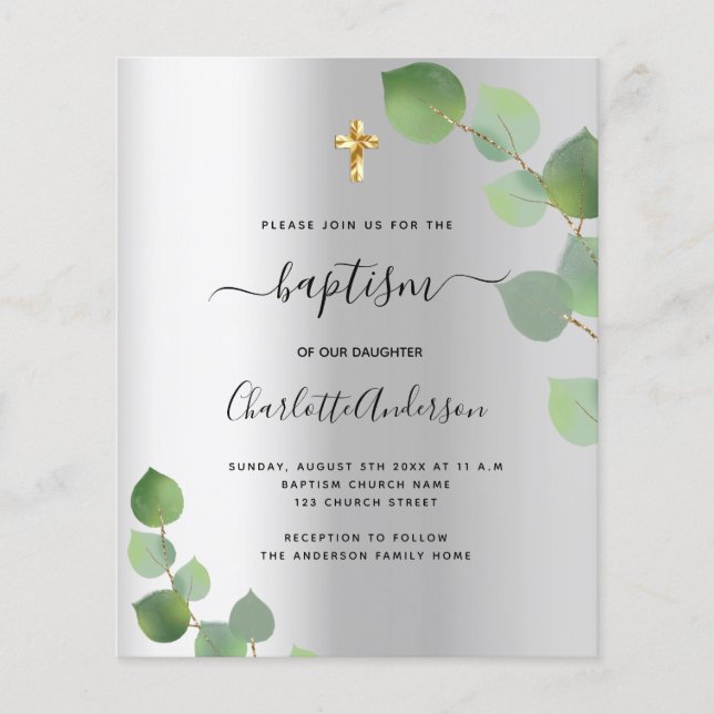 Budget baptism silver eucalyptus invitation (Front)