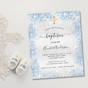 Budget baptism silver glitter blue boy invitation