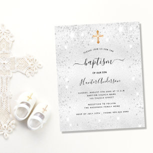 Budget baptism silver glitter boy girl invitation