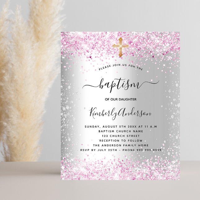 Budget baptism silver pink glitter girl invitation (Creator Uploaded)