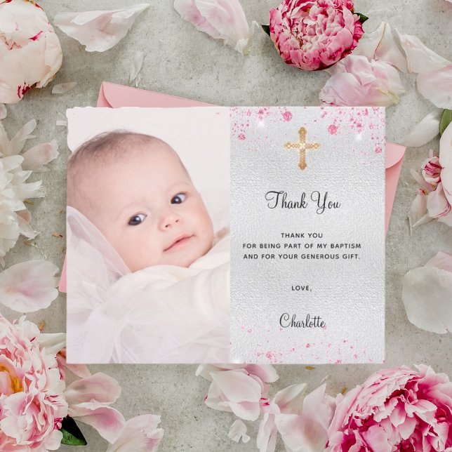 Budget baptism silver pink glitter photo thank you (Creator Uploaded)