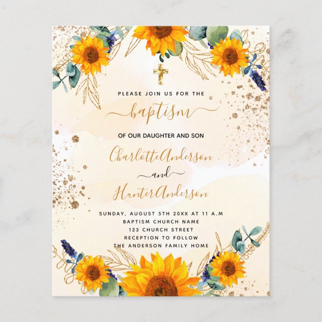 Budget baptism sunflowers eucalyptus gold twins (Front)