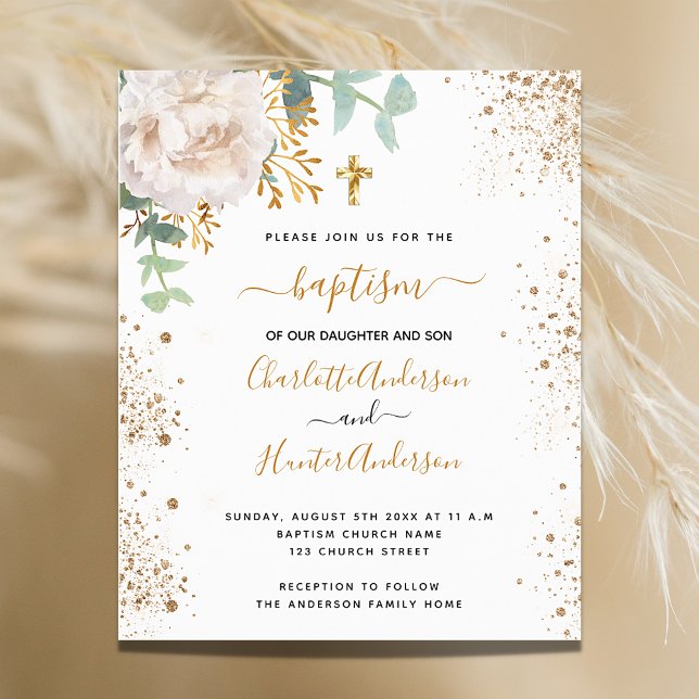 Budget baptism twins eucalyptus floral invitation (Creator Uploaded)