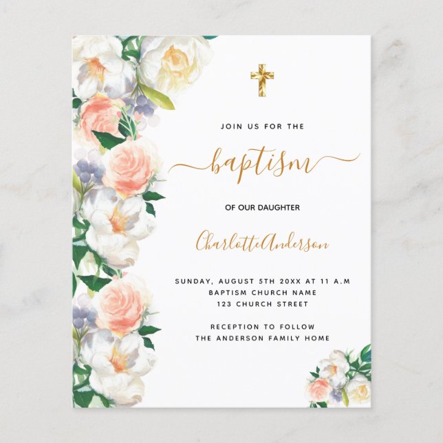 Budget baptism watercolored florals pink white (Front)