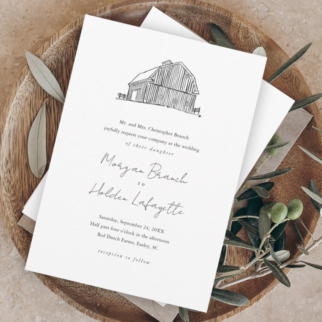 Budget Barn Sketch Rustic Wedding Invitation (Creator Uploaded)