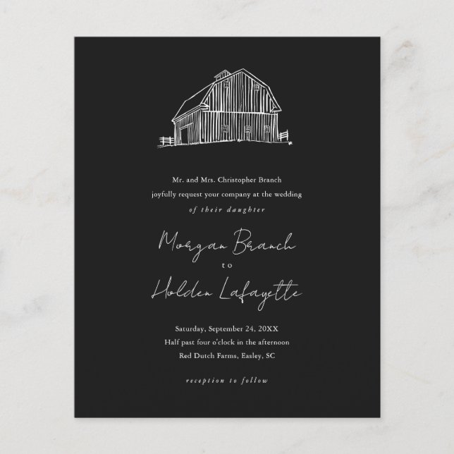 Budget Barn Sketch Rustic Wedding Invitation (Front)