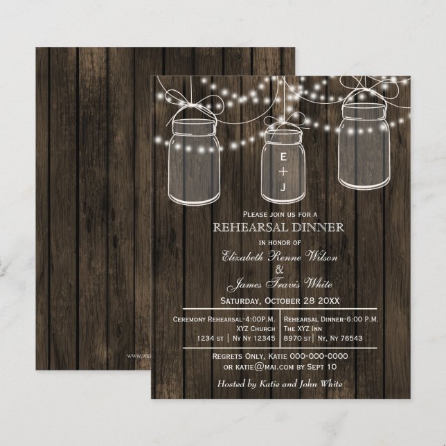 Budget Barn Wood Mason Jar Rehearsal Dinner Invite (Front/Back)