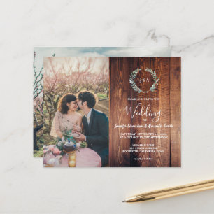 Budget barn wood monogram photo Wedding invitation