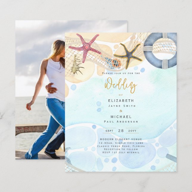 Budget Beach Coastal Photo Wedding Invitation (Front/Back)