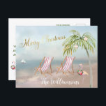 Budget Beach Flamingo Wreath Unique Christmas   Announcement Postcard<br><div class="desc">Merry Christmas on this lovely Watercolor Beach -- peaceful and gentle scene with two beach chairs -- friendly flamingo with lovely wreath -- Palm tree with a few ornaments. Also available in different paper weights -- your selection. Any design questions, just send an email to charmdesignstudio@rcn.com and we'll be delighted...</div>