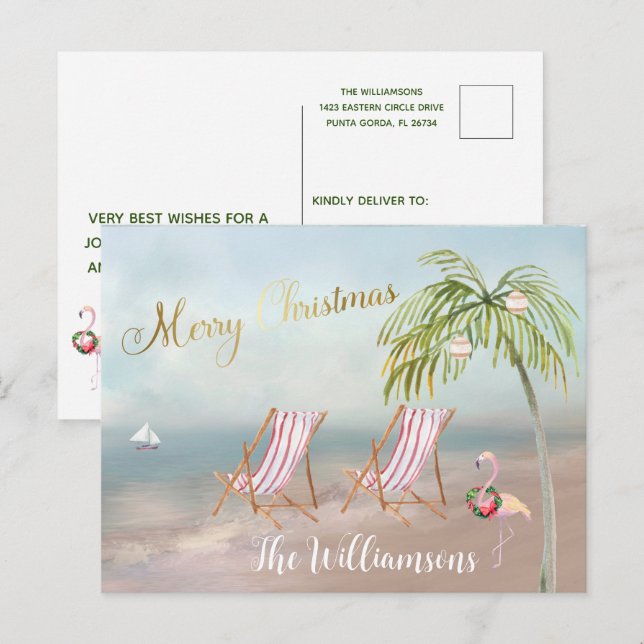 Budget Beach Flamingo Wreath Unique Christmas   Announcement Postcard (Front/Back)