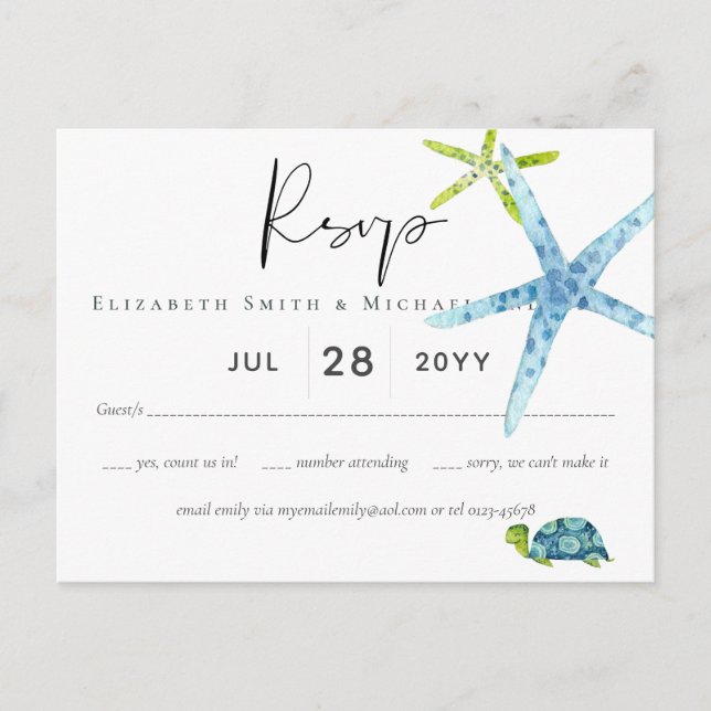 BUDGET BEACH Sea Ocean Life Wedding RSVP Postcard (Front)