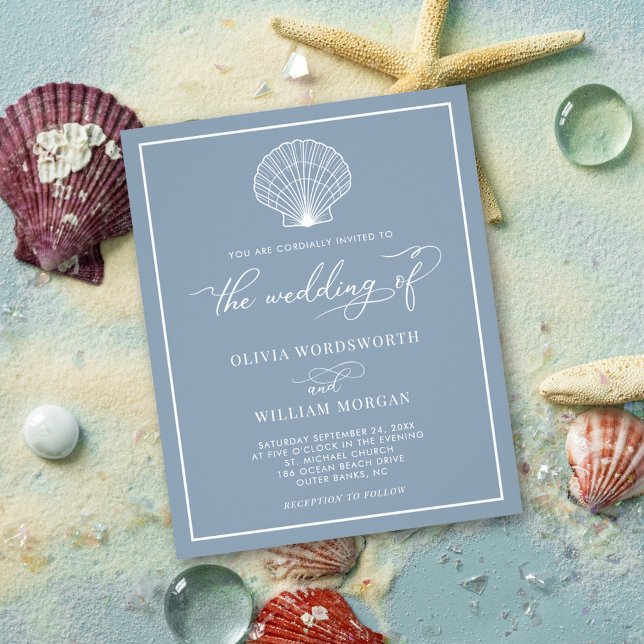 Budget Beach Seashell Wedding Invite Dusty Blue Flyer (Creator Uploaded)