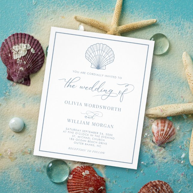 Budget Beach Seashell Wedding Invite Dusty Blue Flyer (Creator Uploaded)
