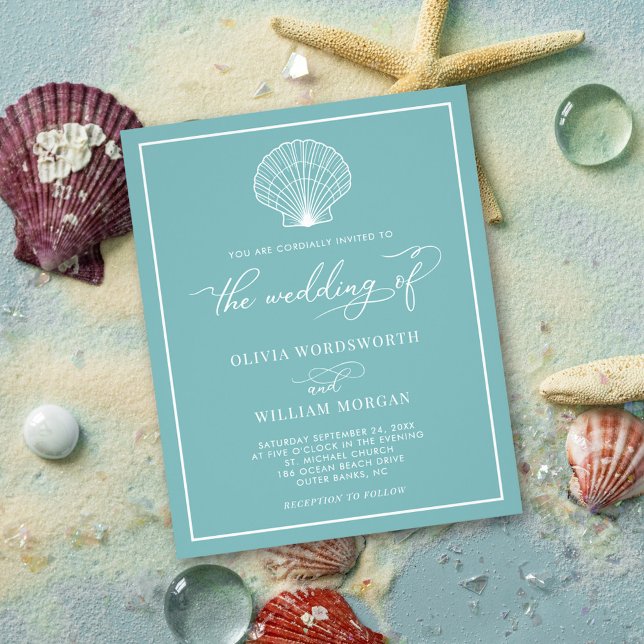 Budget Beach Seashell Wedding Invite Light Teal Flyer (Creator Uploaded)