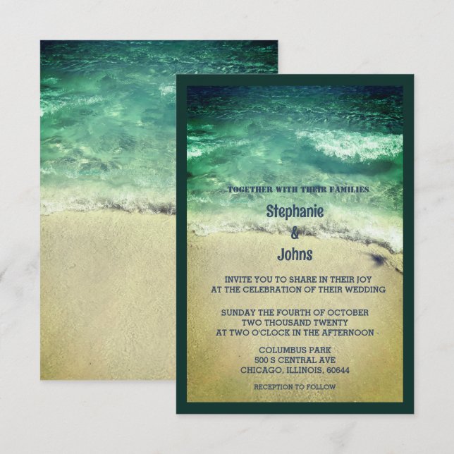 Budget Beach Teal Turquoise Green Artsy Wedding Invitation (Front/Back)