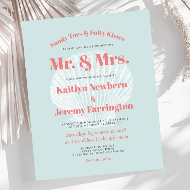 Budget Beach Wedding Invitation Aqua Seashell (Creator Uploaded)
