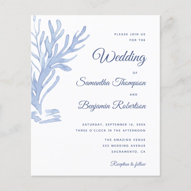 Budget Beach Wedding Invitation Modern Blue White (Front)