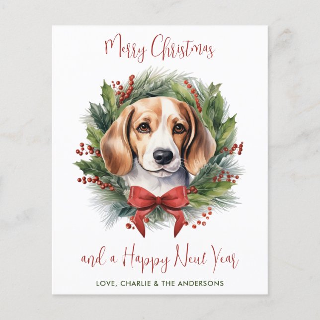 Budget Beagle Dog Merry Christmas Holiday Cards (Front)