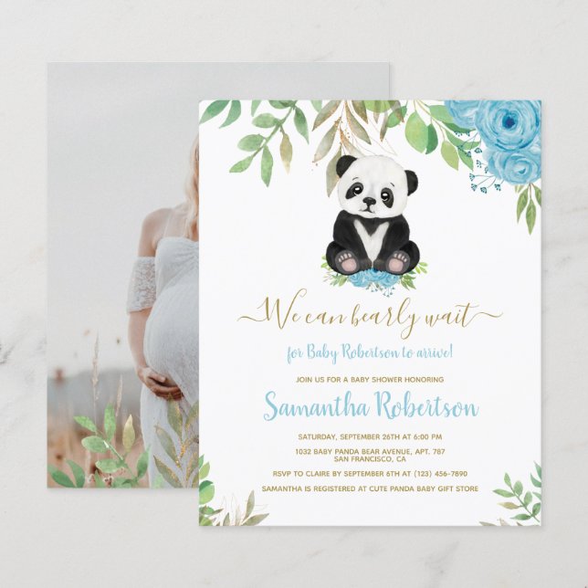 Budget Bear Blue Baby Shower Photo Invitation (Front/Back)