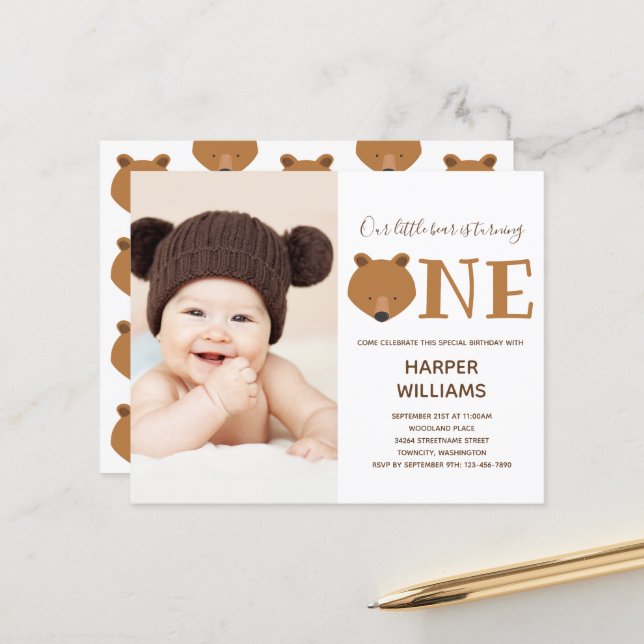 Budget Bear Photo Baby First Birthday Invitation (Front/Back In Situ)