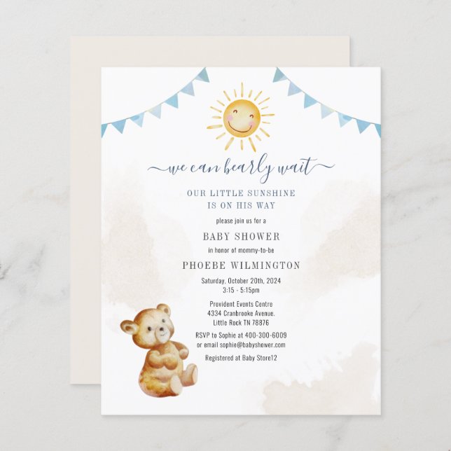 Budget Bear  Sunshine Boys Baby Shower Invitation (Front/Back)