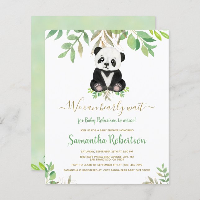 Budget Bear Watercolor Leaf Baby Shower Invitation (Front/Back)